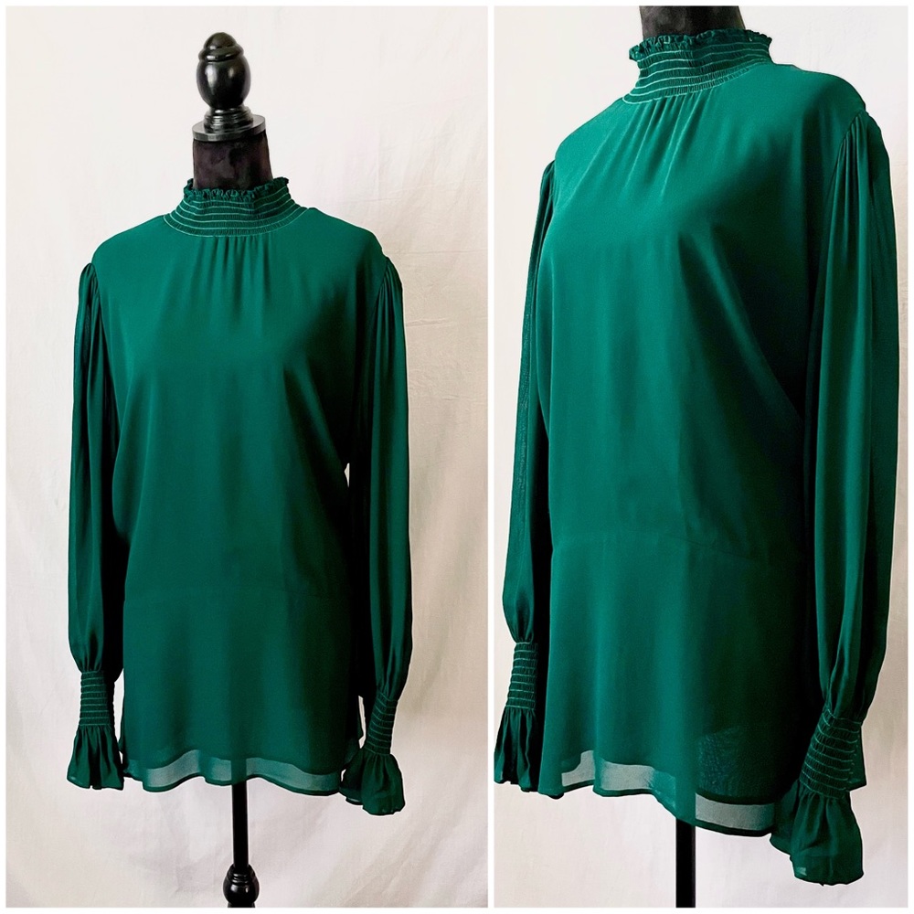 Reformation Es Archie Altered Balloon Long Sleeve Mock Neck Top in Veuve Emerald